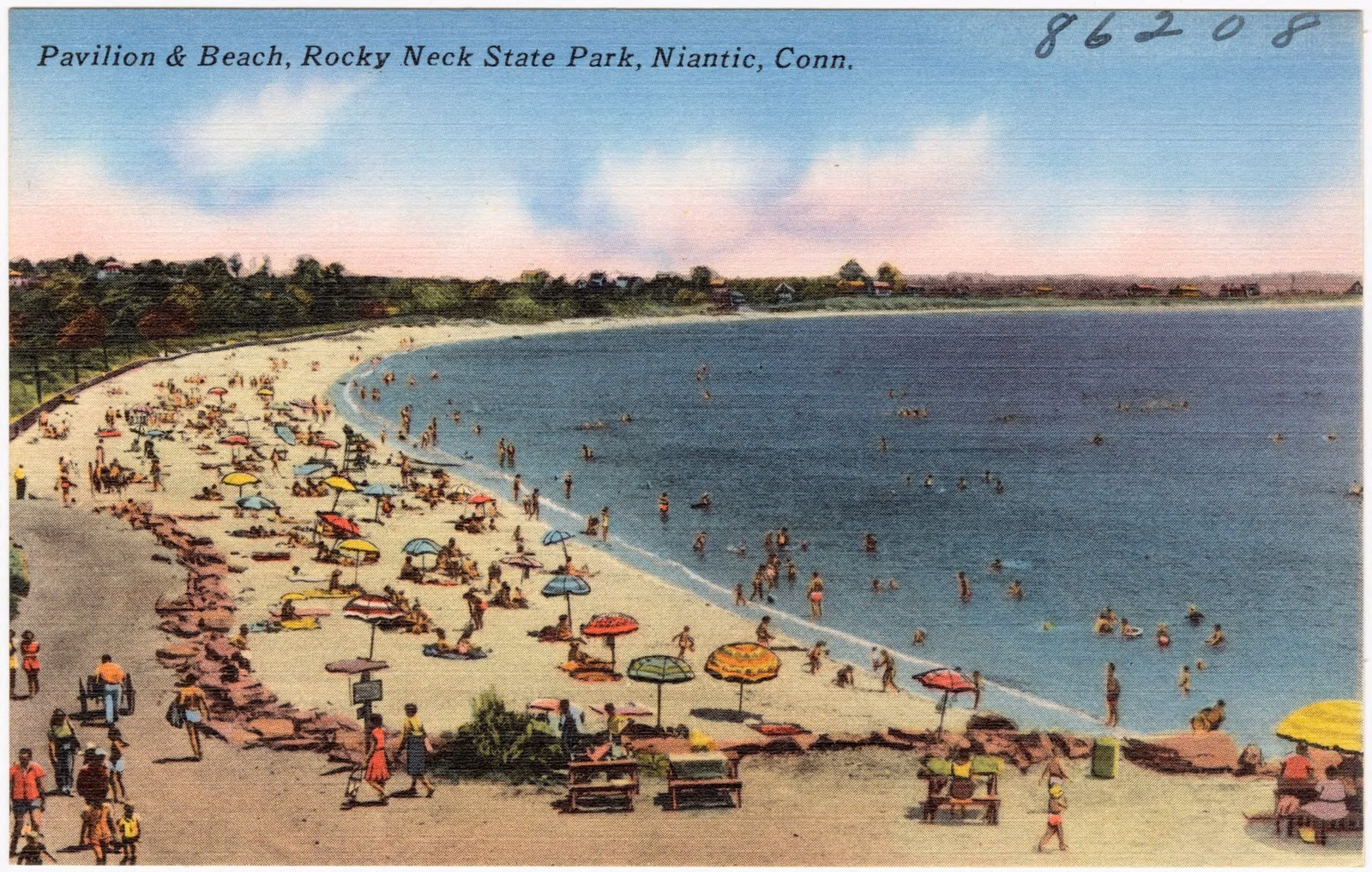 1930s linen postcard of the pavilion and a crowded beach at Rocky Neck State Park