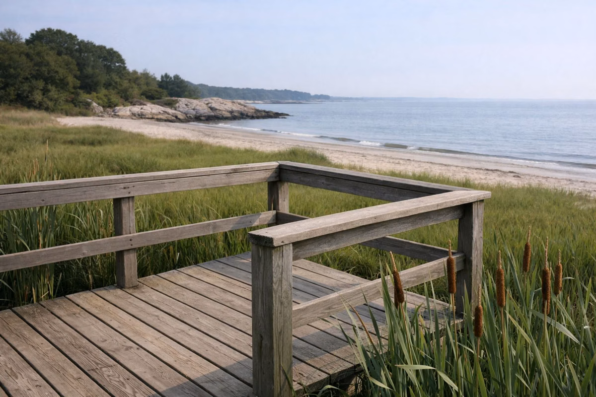 Wooden viewing platform at the edge of a green salt marsh