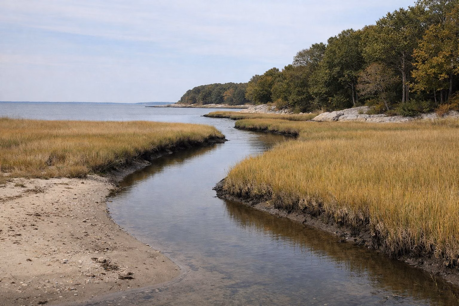Tidal creek winding through a golden salt marsh toward the sound