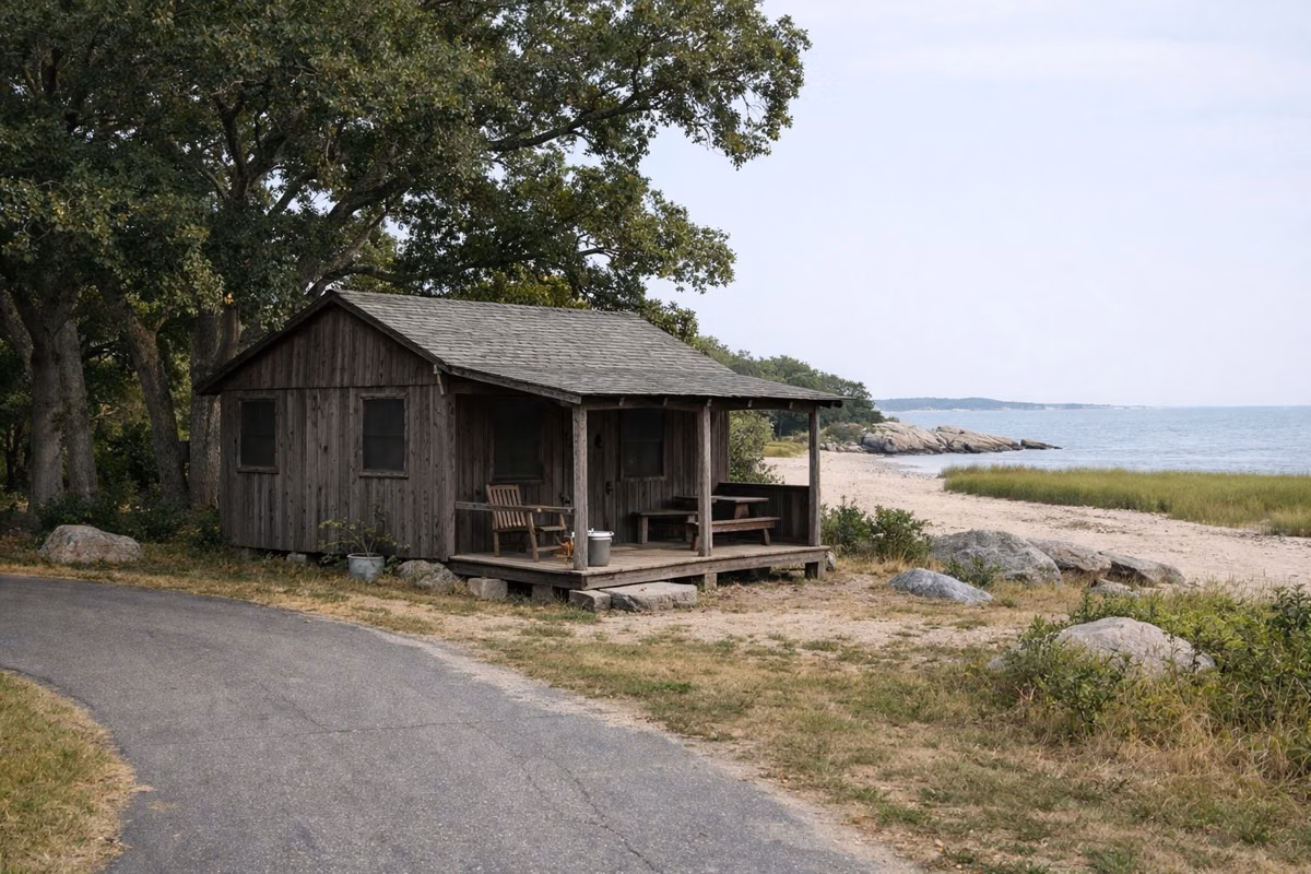 Small rustic wooden cabin among oak trees beside a campground road