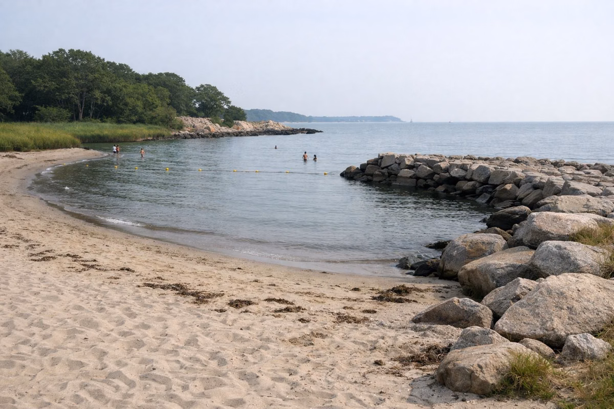 Small sandy cove beach beside a low stone jetty