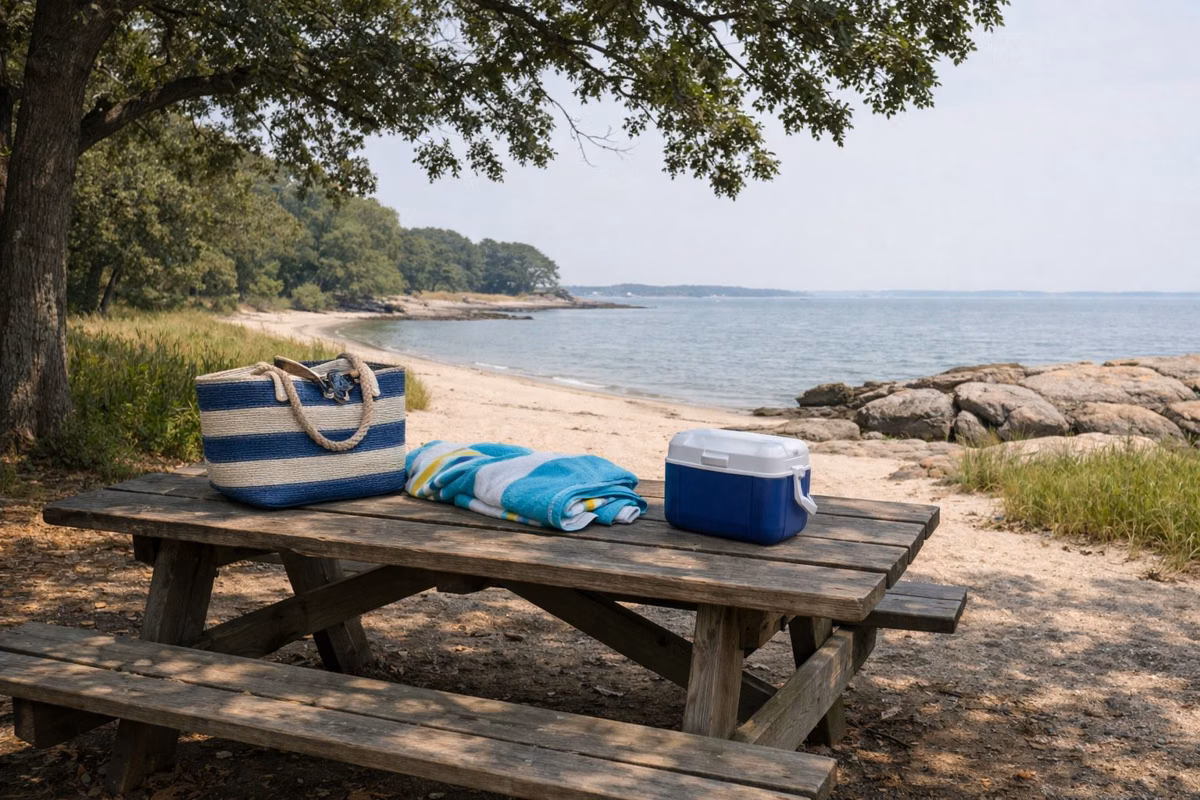 Picnic table with a beach bag and cooler under shade trees near the water