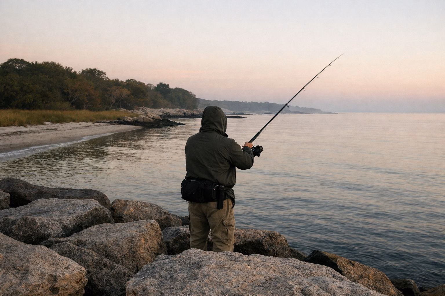 Angler casting from a stone jetty into calm water at dawn