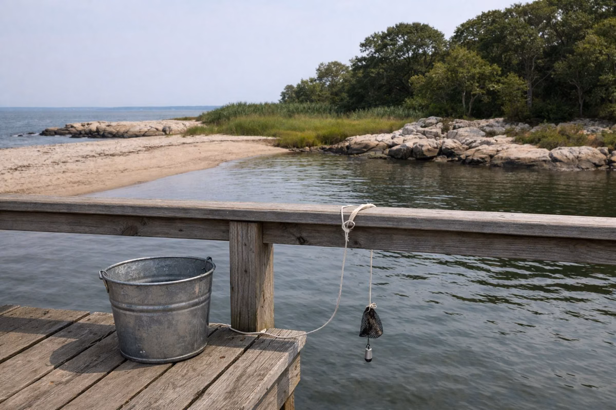 Crabbing line and bucket on a small wooden deck over brackish water