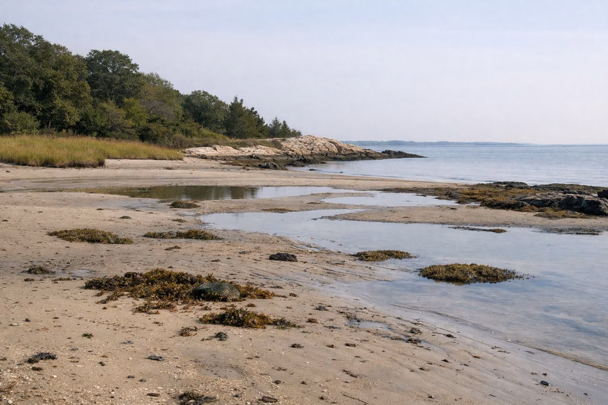 Low tide sand flats with shallow pools and calm water beyond