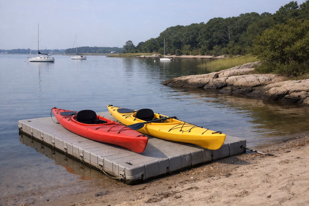 Kayaks on a small floating launch dock on a calm bay