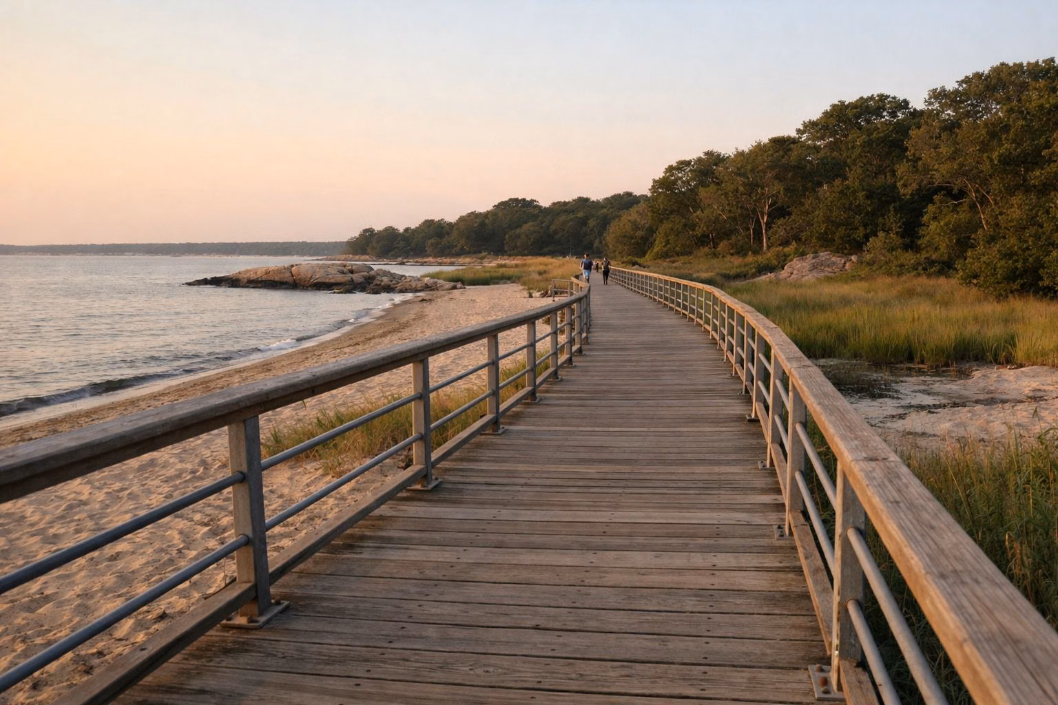Long wooden boardwalk with railings along a sandy bay beach