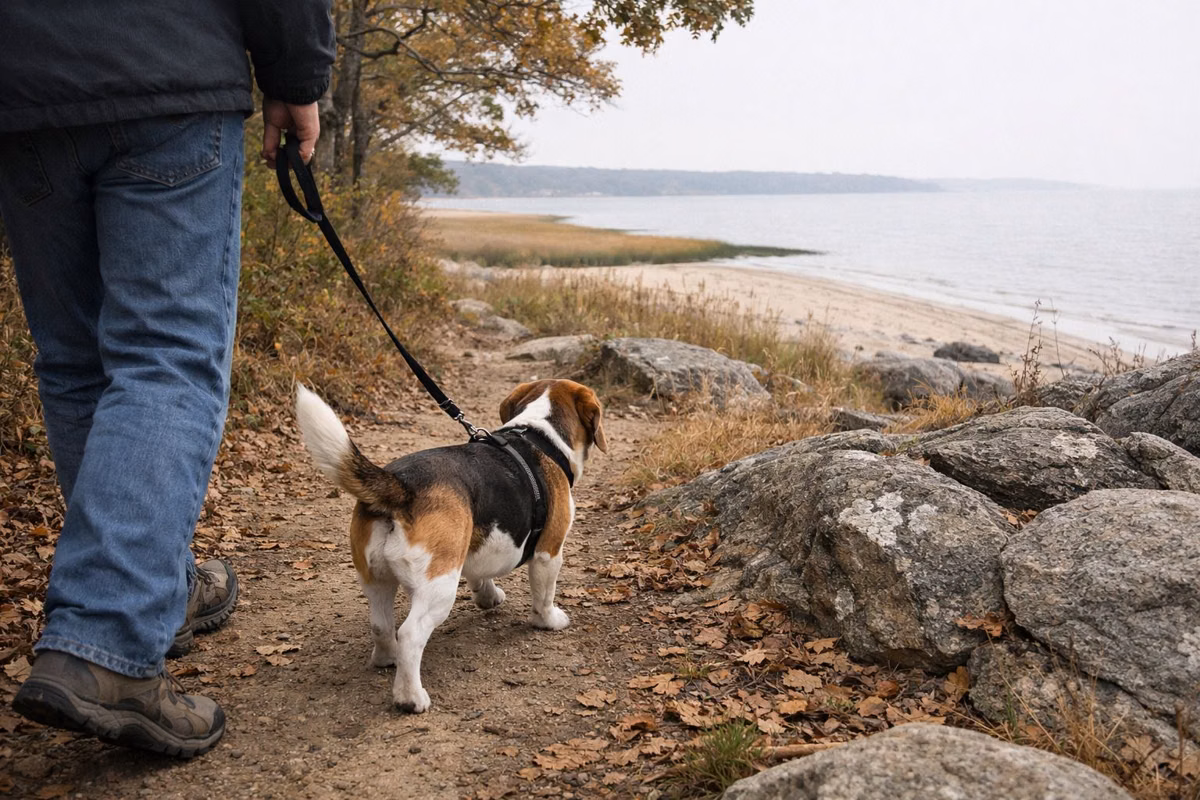 Leashed dog walking with its owner on a woodland trail