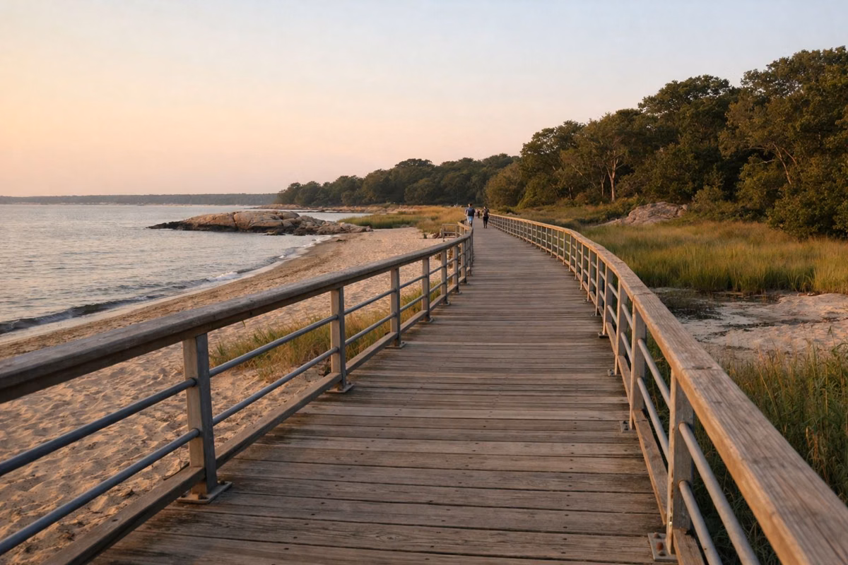 Long wooden boardwalk with railings along a sandy bay beach